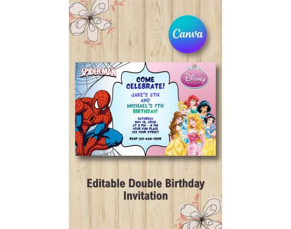 Twin Spiderman and Disney Princesses Invitation | Canva Template